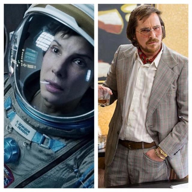 Sandra Bullock in Gravity and Christian Bale in American Hustle. Courtesy of Warner Bros. and Sony Pictures