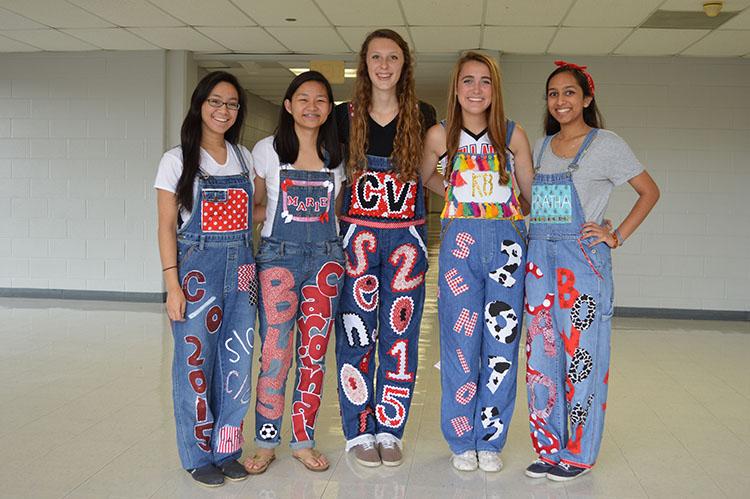Seniors Amy Nguyen, Marie Terry, Clara VanLandingham, Kate Campbell, and Pratha Aggarwal show off their overalls. 