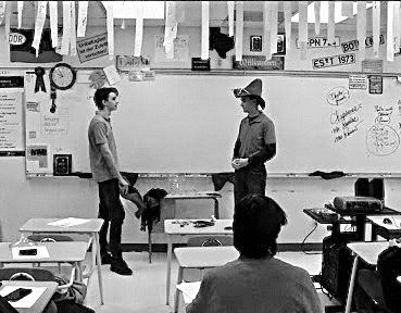 Senior Dawson Benner and college freshman Carson Benner practicer their skit in German class. 