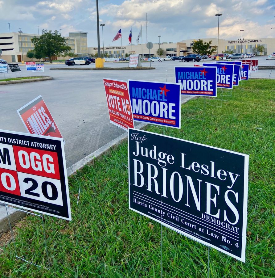 Campaign signs sit in front of the HCC Westloop Campus polling location.