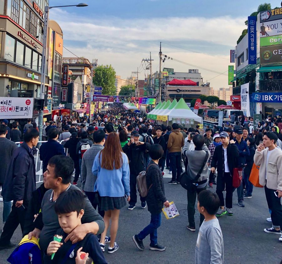 A crowded city street in Itaewon. This is during the global village festival on Oct 14.