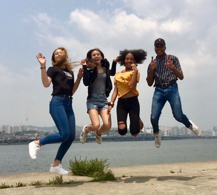 Zachery (far right) celebrates with friends Valeriya, Maddy and Amelia near the Han River. This was their last day of school so they took this time to explore Seoul. 