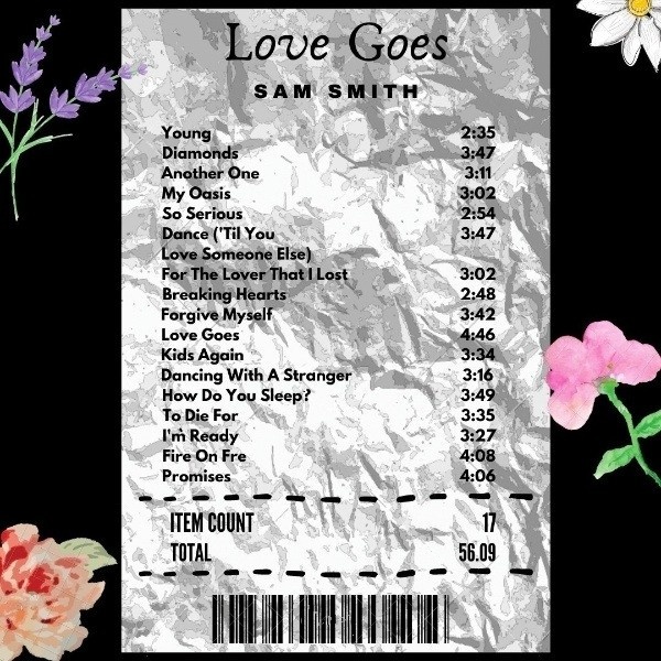 A self-made receipt of the album “Love Goes” by Sam Smith with songs as the purchases. Smith had just gone through a rough breakup, which inspired the making of the album.