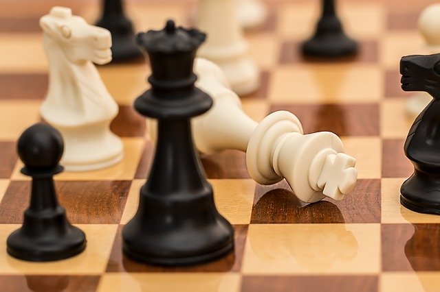 The+king+falls+in+defeat+as+the+opponent+puts+the+chess+pawn+in+check+--+a+game-winning+move.