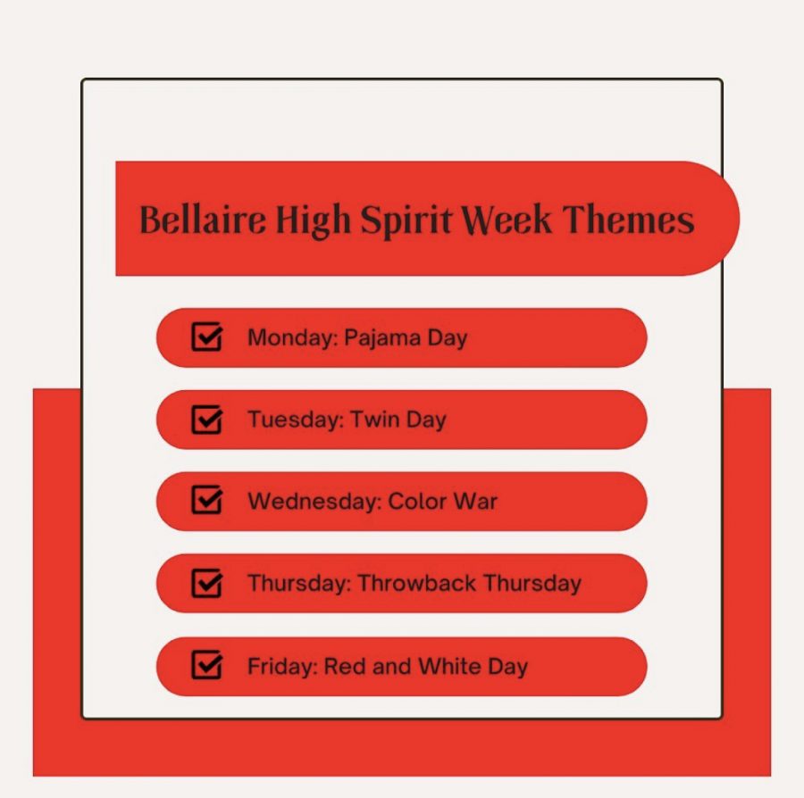 Spirit week is Oct. 11-15. Student Council will host a competition for a $50 gift card. Enter by submitting photos of your outfit to the STUCO Instagram: @bellaire.stuco