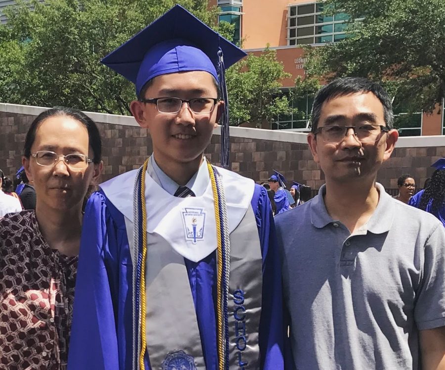 Xiaorong Wu (left) stands with her husband (right) at her sons high school graduation. Seven years earlier, she was diagnosed with breast cancer.