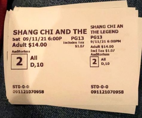 Can’t Wait- Tickets to the Shang Chi movie captured by sophomore Jeunesse Manarang in the movie theater with her dad eagerly waiting for the movie to start. The movie hasnt started yet, but theyre almost done with the popcorn.