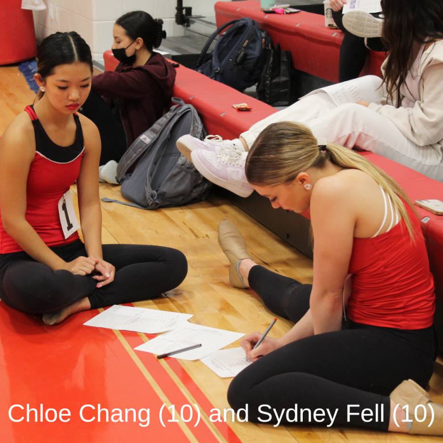 Sophomore+Chloe+Chang+and+Sydney+Fell+place+their+votes+for+Belle+of+the+Ball+while+stretching+to+prepare+for+their+tryout+dance.+Chang+and+Fell+are+both+trying+out+as+dance+officers.+Chang+will+be+next+years+captain+and+Fell+will+be+Lt.+Colonel.