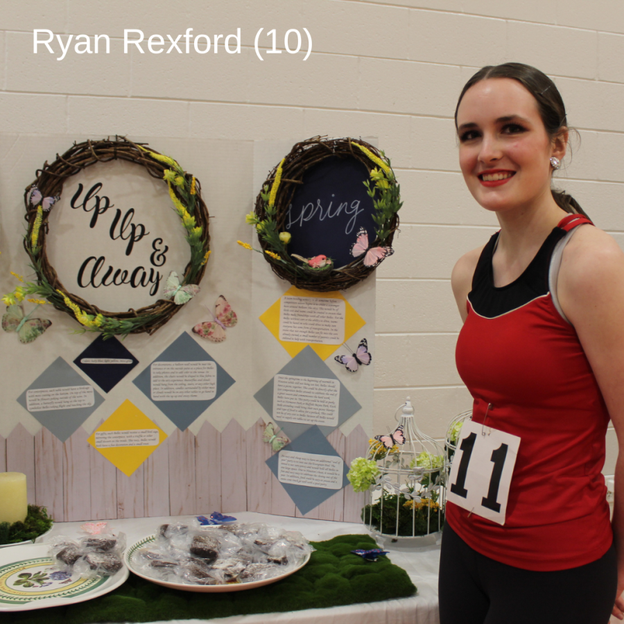 Sophomore Ryan Rexford poses with her Up Up & Away themed poster board. She made brownies and a bird cage of flowers as a center piece.