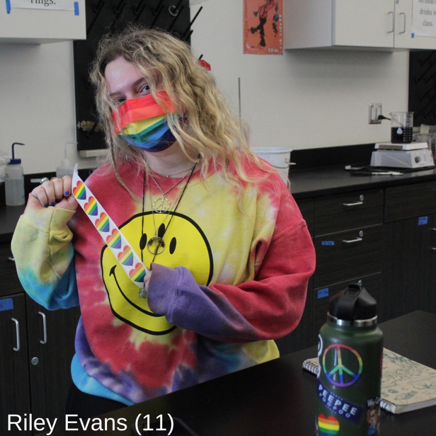 Junior Riley Evans shows her support for the Day of Silence by wearing a rainbow face mask, sharing stickers with her peers, wearing a colorful tie-dye sweatshirt and showcasing her rainbow stickers on her water bottle. She is very pleased that students were able to unite together to bring attention to the bullying and name-calling against the LGBTQ+ community.