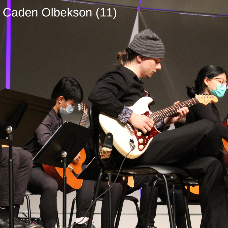 Junior Caden Olbekson is a student in 5th Period Junior Varsity Ensemble taught by Mr. Moore. He played both the classic guitar and electric guitar that night.