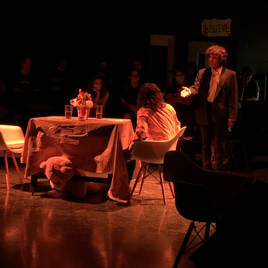 Senior Javier Diaz acts like a secret spy on his new date scene. To exit the scene he does a roll towards the black box exit door.
