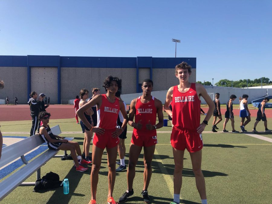 (From left) Junior Zain Hamdani, junior Nasir Starks and senior Dylan Ballard at districts. This is Ballard’s last meet with his team from Bellaire, but he said he plans to continue running in college.