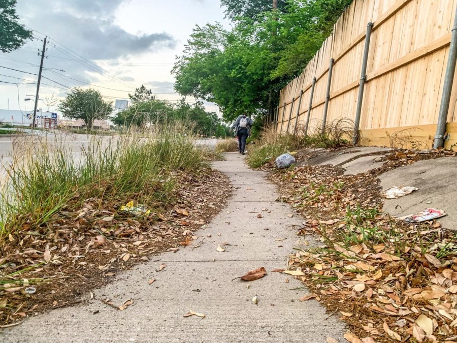 A+pedestrian+walks+down+the+unkempt+sidewalks+on+Braeswood+Place.+Thin+sidewalks+covered+in+foliage+are+especially+difficult+for+disabled+people+to+navigate.