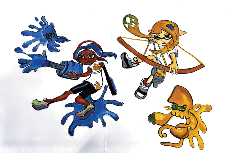 Two playable races, octolings and inklings, are available to the player to customize and play as during the story-mode and online matches. The inkling on the right is shooting ink from the new weapon called Tri-Stringer.