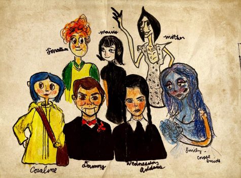 To truly get into the Halloween spirit, take a deep dive into the top 5 movies featuring monsters, walking corpses, strange families, and hidden doors. Depicted above is an illustration of seven characters from the movies: Coraline, Hotel Transylvania, The Corpse Bride, Goosebumps, and The Addams Family.
