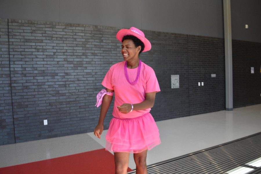 Sophomore Elijah Johnson sports his pink outfit on Wednesday, Oct. 25. He is dressed for the spirit week theme On Wednesdays we wear pink.
