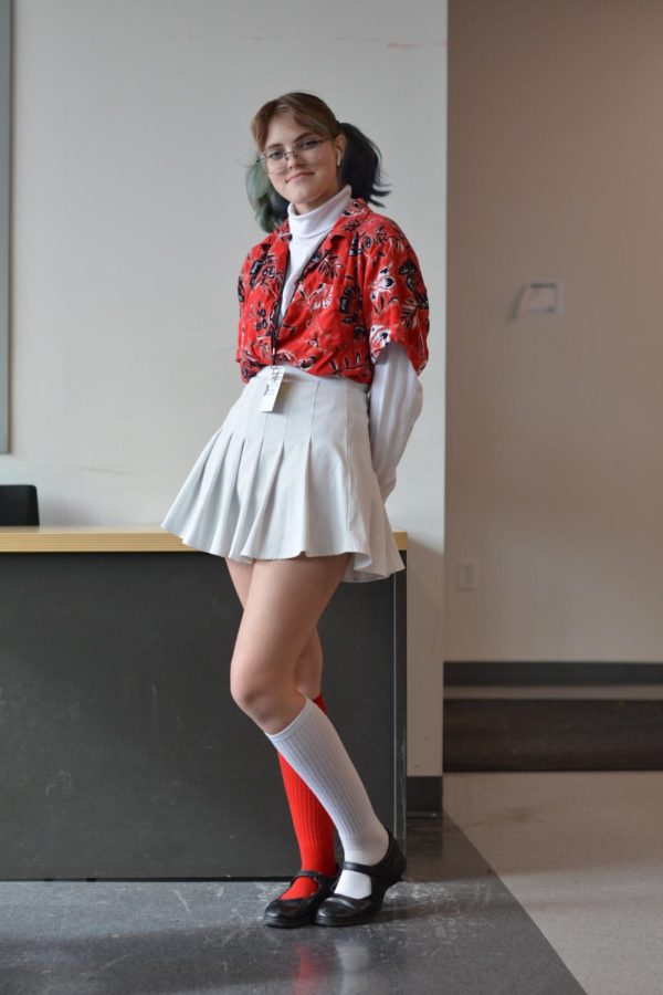 On Friday, senior Elizabeth Stanton dresses up for Candy Cane Day. She wore a white skirt, mismatched socks, a red Hawaiian shirt and a white turtleneck.