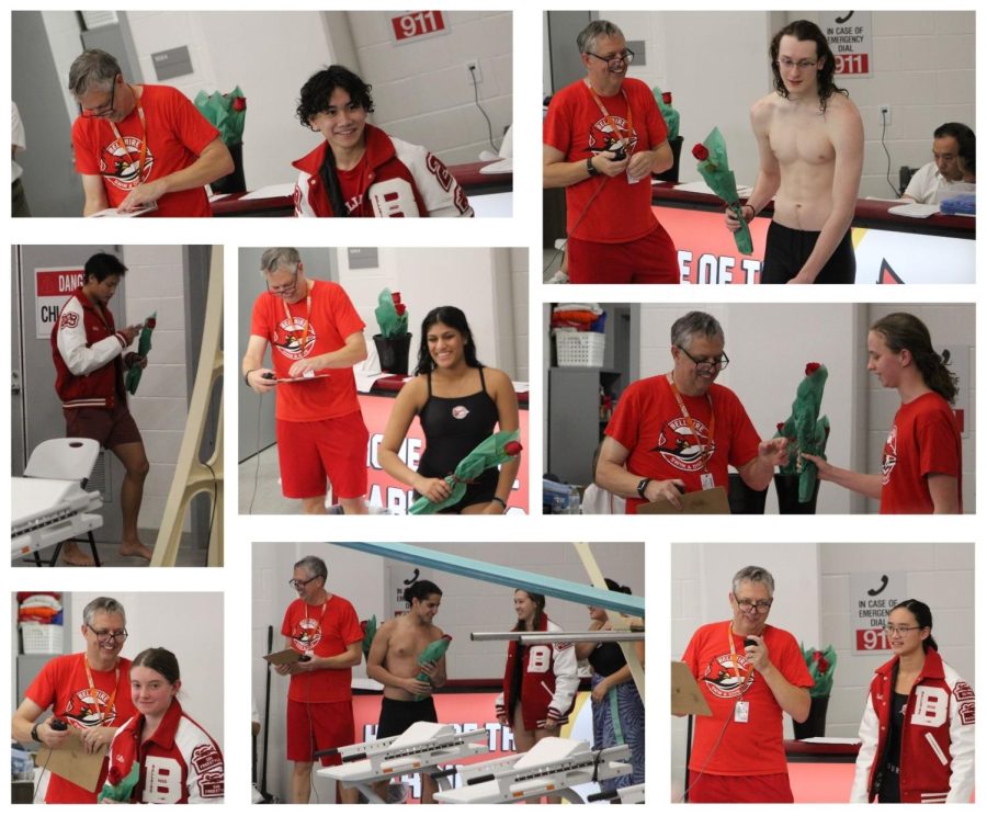 At+senior+night%2C+the+swim+team+celebrated+its+12+seniors+by+reading+their+bios+and+giving+them+roses.+Hassan+Abdullatif%2C+along+with+his+fellow+seniors%2C+enjoyed+this+show+of+appreciation.