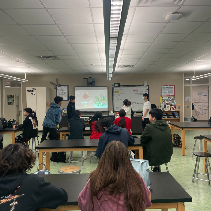 The officers of VSA, junior Sebastian Nguyen (president), junior Rilina Tran (vice president) and sophomore Khang Nguyen (secretary) showcase the seven options to vote on for the 2022-2023 club T-shirt. Club members like freshman Mckenzie Le submitted designs for the chance to win a reward of choice.