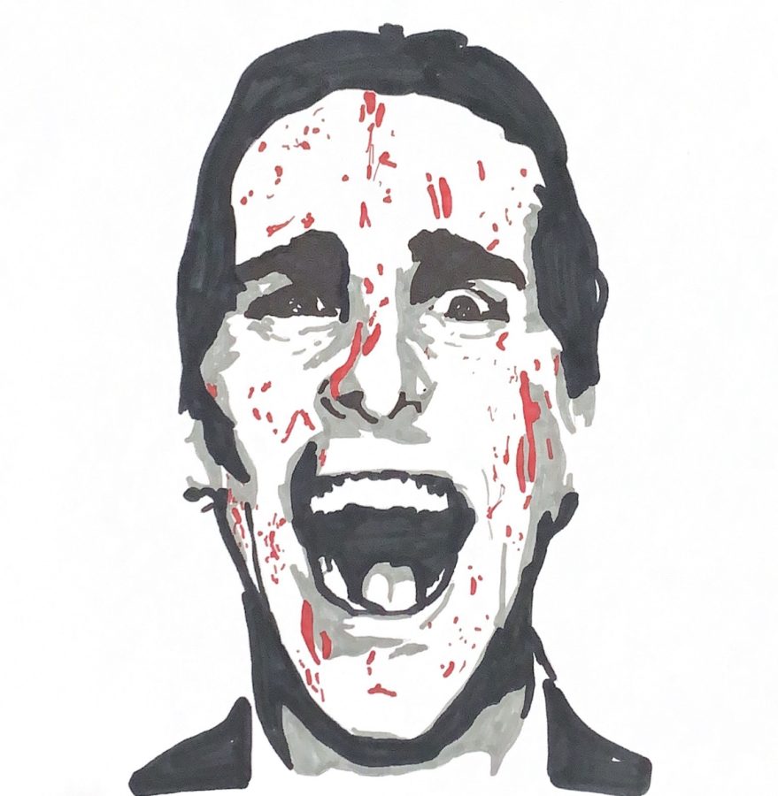 A+recreation+of+the+famous+American+Psycho+movie+poster+of+Christian+Bale+%28Patrick+Bateman%29+with+blood+splattered+on+his+face.+The+2000+horror%2Fthriller%2C+directed+by+Mary+Harron%2C+has+90%25+likes+and+based+on+the+1991+novel+by+Bret+Easton+Ellis.