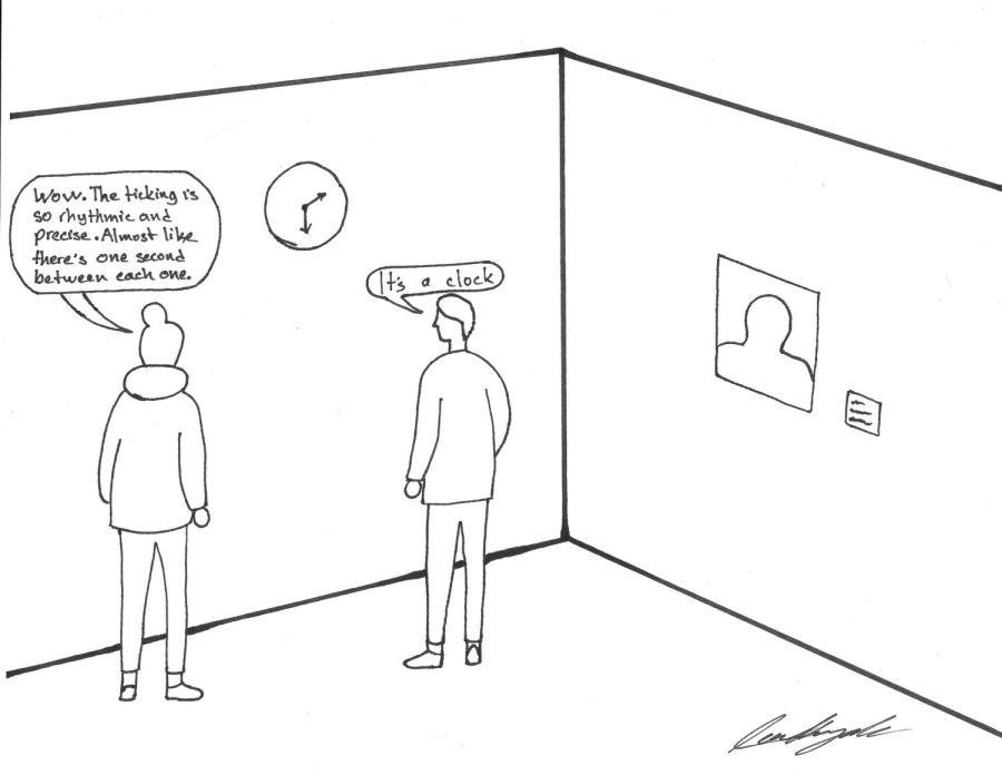 A person mistakes a clock for an art piece in a contemporary art gallery. They try to find a meaning about it when their is clearly none.