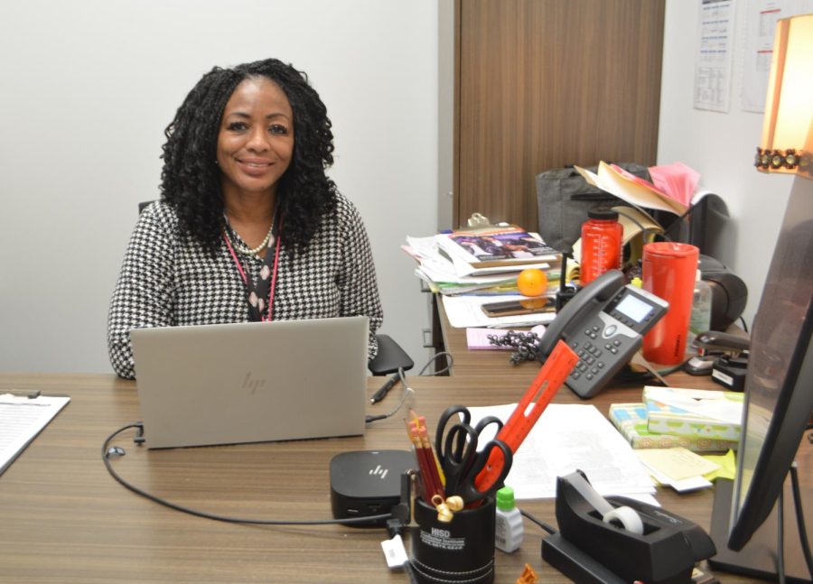 Assistant principal Terri Williams works at her desk in her office. She is proud to be a Black administrator and hopes to be someone who students feel comfortable approaching with their needs.