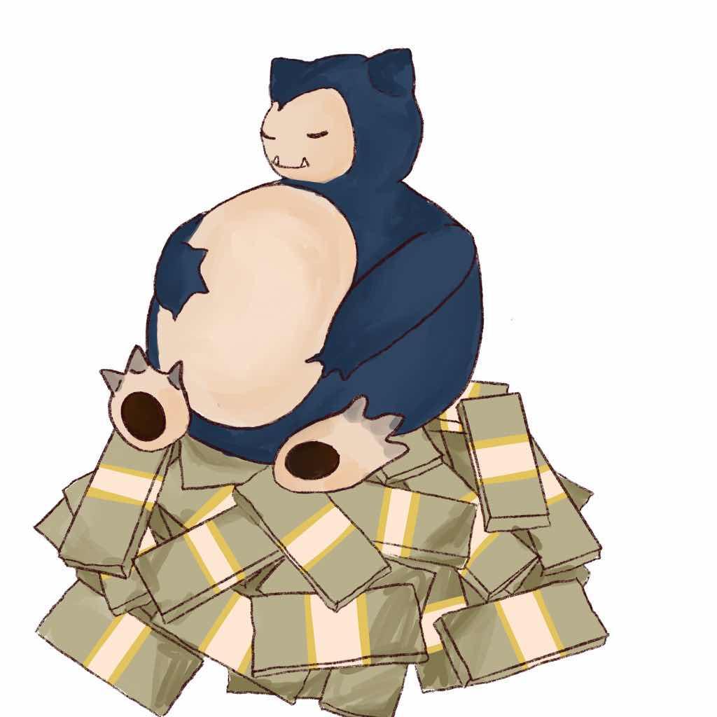 Snorlax sitting on top of a pile of money.-  Graphic created by Angel Harper.