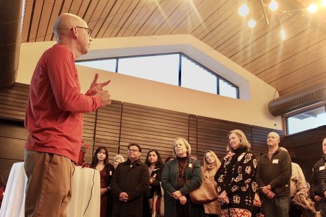 McDonough addresses current and former students, parents, friends and teachers at his retirement celebration on Feb. 2. McDonough spoke about his career highlights and passion for education.