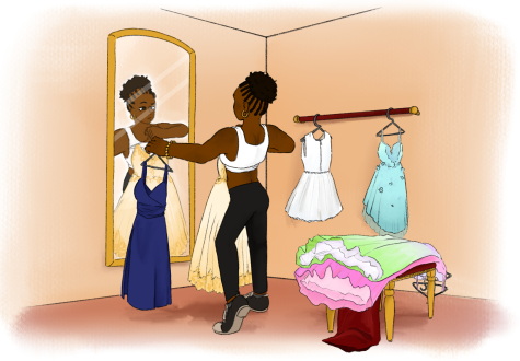 A student struggles to pick the perfect dress for prom. Prom will be on May 13 at the Museum of Natural Science.