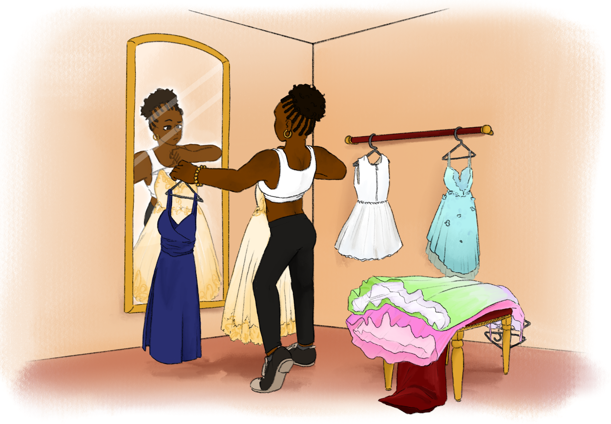 A student struggles to pick the perfect dress for prom. Prom will be on May 13 at the Museum of Natural Science.
