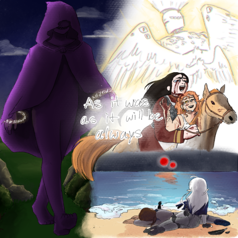“As it was, as it will be always” was a quote given by Kaegan Benson’s character: Nameless. In this picture you can see Mesto (left) and Nameless (top right) reaching godhood, Nosca and Vanya riding on a horse from battle and Q and Flynn watching the sunset in a different dimension.