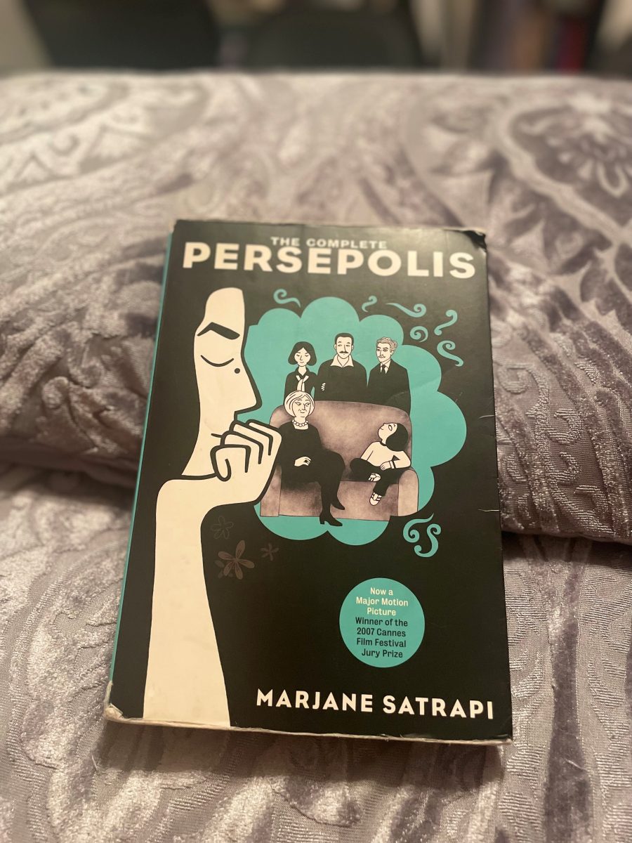 The cover of Marjane Satrapis award winning novel Persepolis. The cover features older Satrapi reminiscing on times as a child when surrounded by her loved ones.