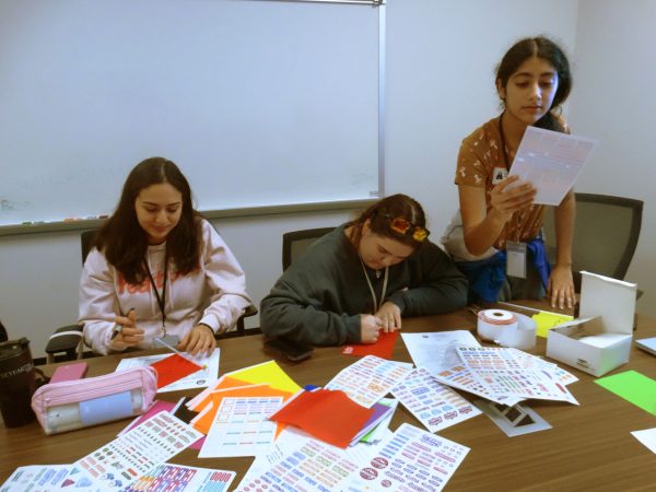 Magnet ambassadors decorate flags during their first meeting on Oct. 12. The flags will be used to guide parents and students throughout the tours.
