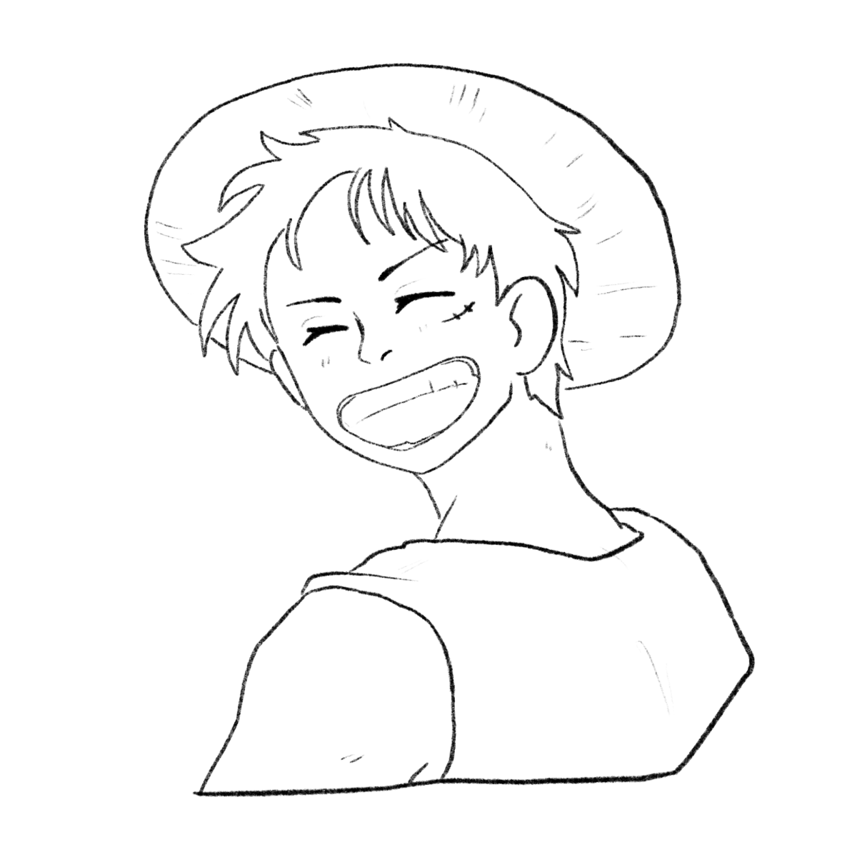 Luffy wears his iconic straw hat. It was a gift from his idol, "Red-Haired" Shanks.