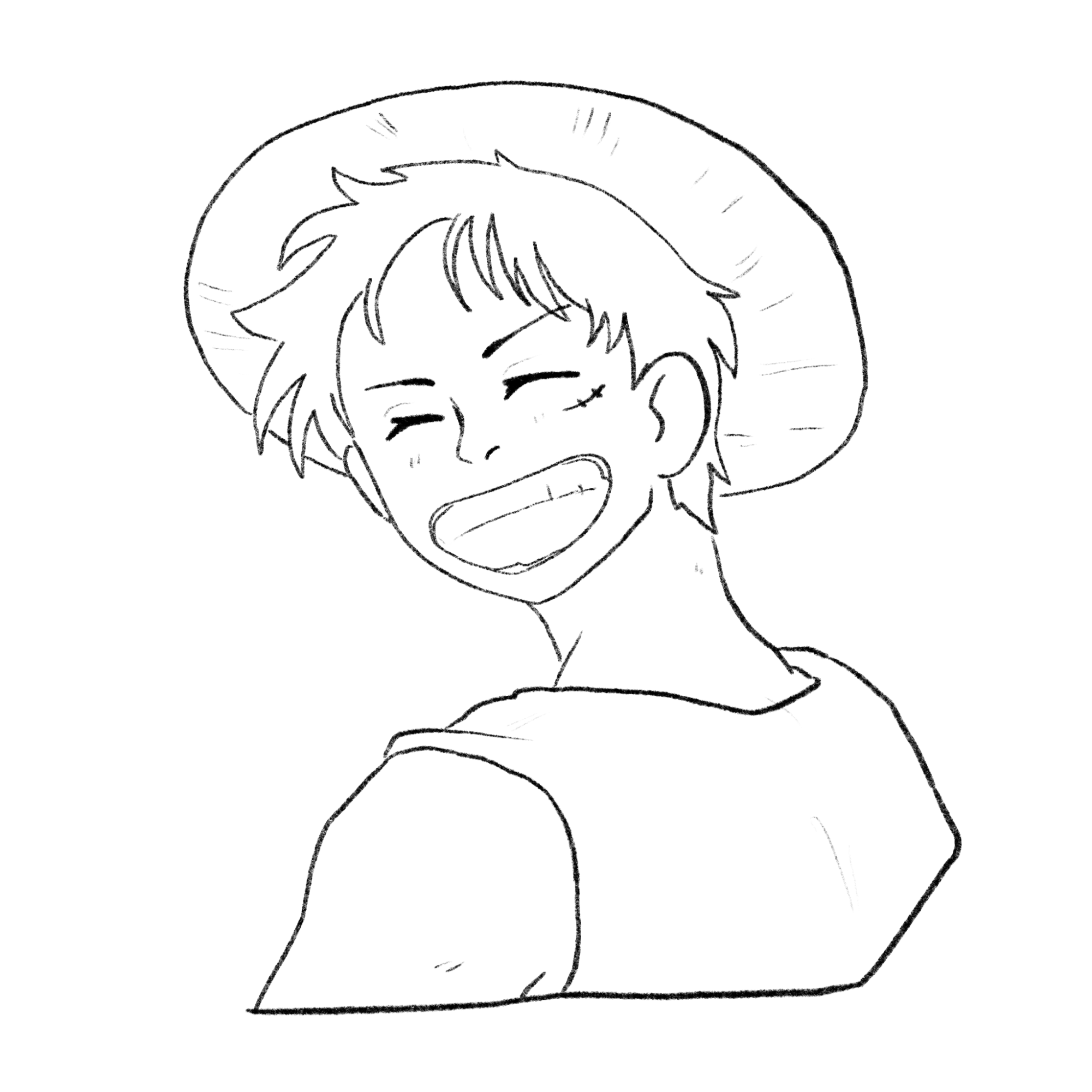 Luffy wears his iconic straw hat. It was a gift from his idol, Red-Haired Shanks.