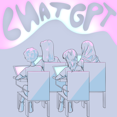All kinds of students engage in the use of AI in a classroom. ChatGPT looms over their heads. 