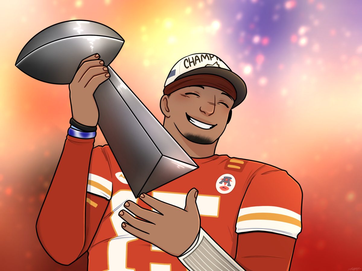 Patrick+Mahomes+lifts+up+the+Lombardi+trophy+after+winning+his+third+championship+in+five+years.+%28Graphic+by+Marina+Martinez%29