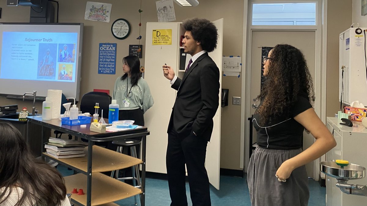 Senior and president of AAA, Joshua Percy, presents about powerful black women in history. He points out how influential Sojourner Truth was in the abolition movement. 