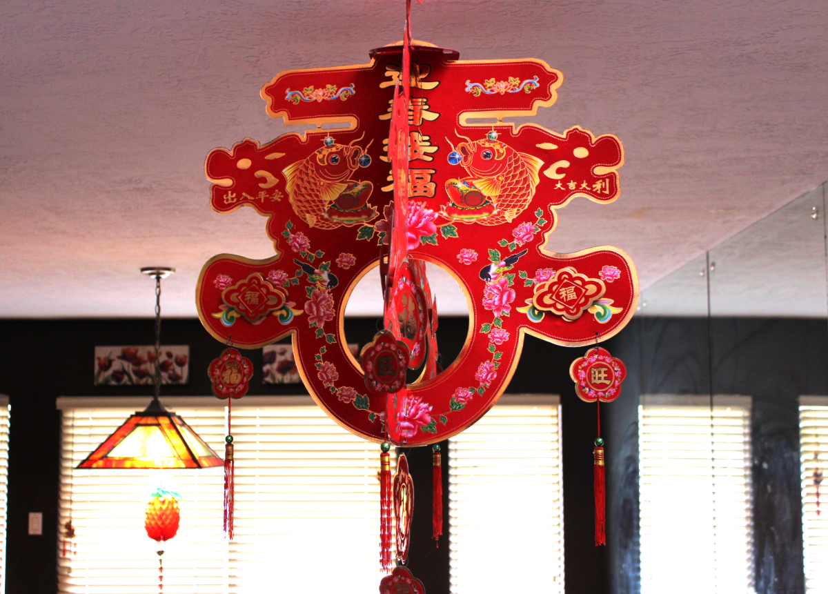 In+my+living+room+hangs+a+Lunar+New+Year+banner+decorated+with+dragons%2C+fish+and+flowers.+The+words+roughly+translate+to+Welcome+spring%2C+receive+fortune.
