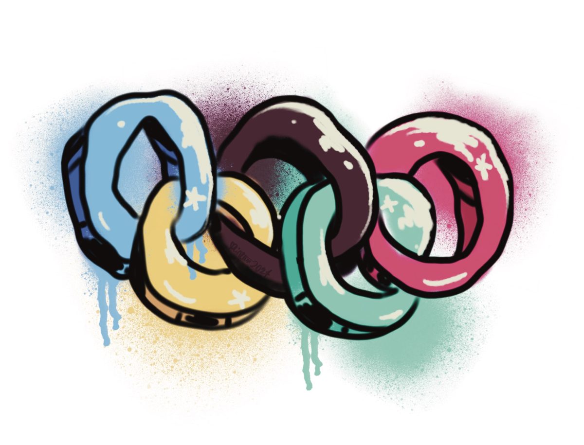 These rings represent the logo for the Olympics. These rings are created in graffiti to reference the popular art style during the early ages of breaking into the 1970s.