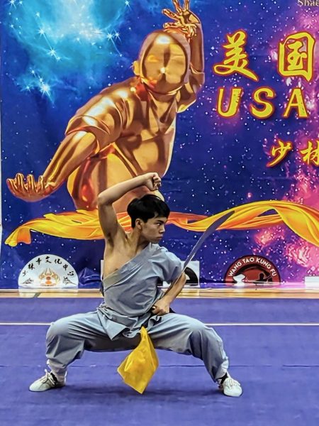 Freshman Aldric Tanzil performs his Traditional Shaolin Dao routine. Tanzil won four gold medals for his events, qualifying him as a grand champion.