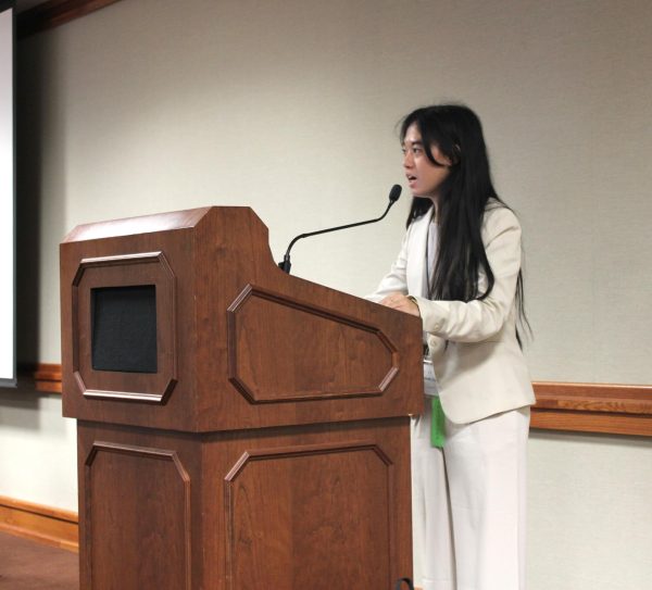 Senior Emerald Tang gives a speech during the opening ceremony welcoming everyone to the first Texas CLA convention of the year hosted in the Austin Capitol building. “I definitely see a lot of hope for the future [in CLA]," Tang said. "I saw a lot of people having fun, like during debates, everyone was really passionate.”