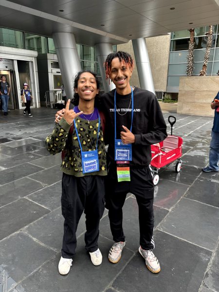 Senior's Daniel Andrade (left) and Soleiman Barrera-Kelly (right) smile in front of the American Bank Convention Center in Corpus Cristi. This photo was taken right after Andrade and Barrera-Kelly won the $2000 scholarship.