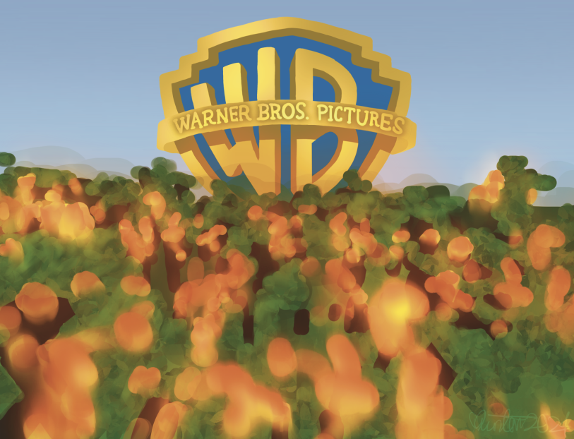 The Warner Brothers logo looms ominously in the background as a Minecraft forest burns