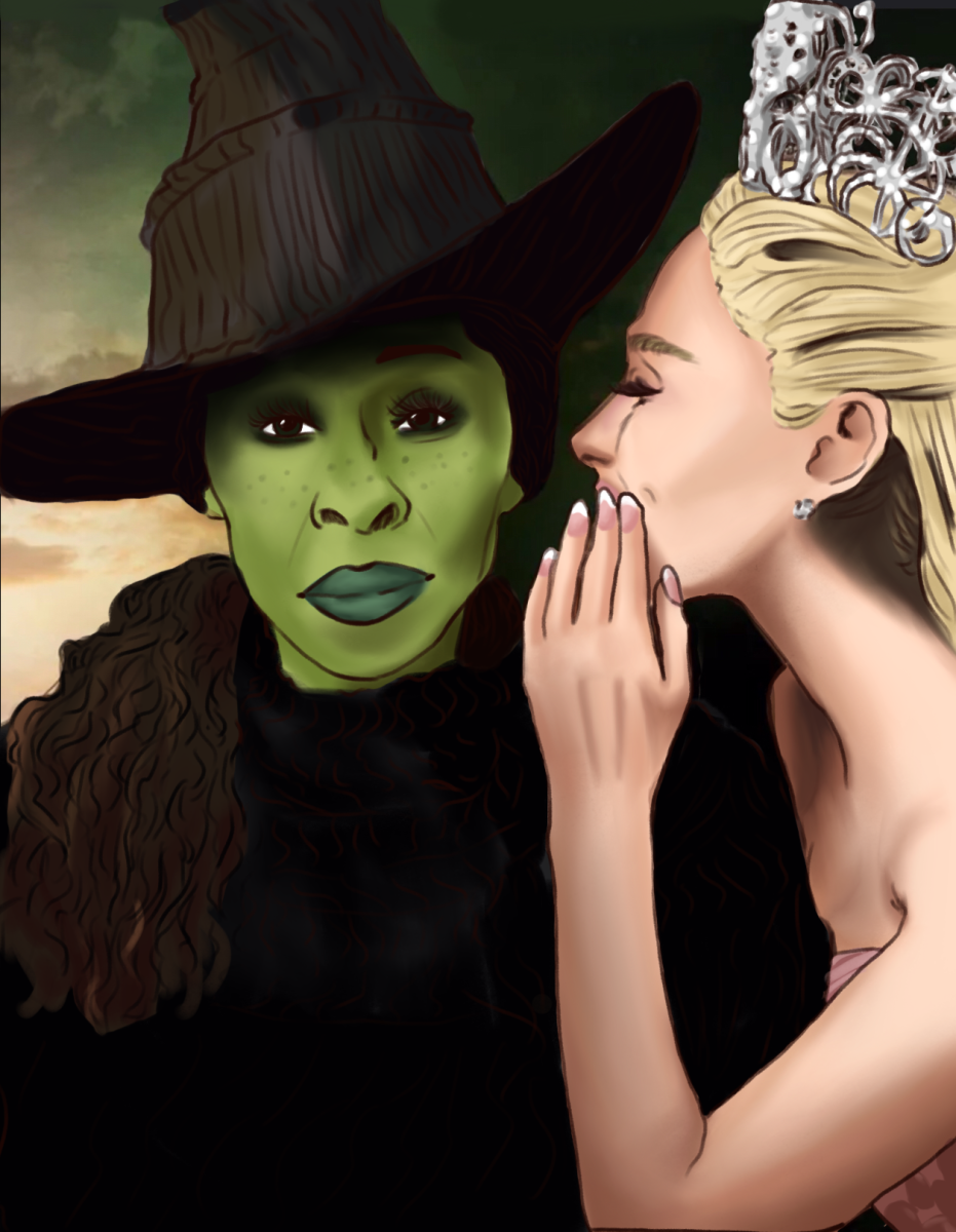 The movie poster for the 2024 film "Wicked", directed by John M. Chu. The poster features Glinda (Ariana Grande) on the right, whispering into Elphaba's (Cynthia Erivo) ear on the left.