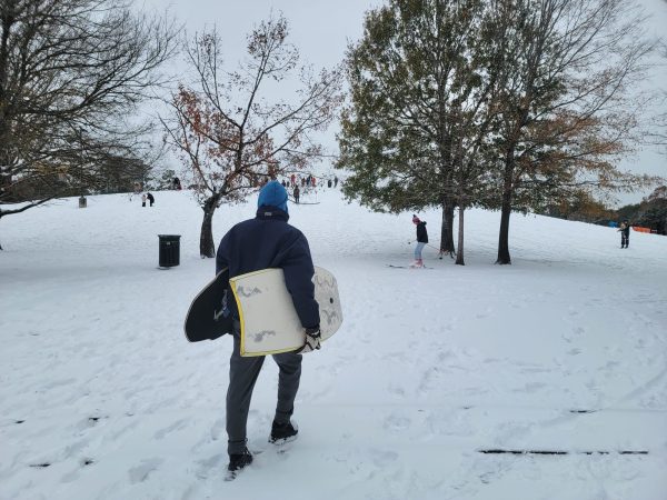 Junior Leonid Kolonin prepares to "snowboard" down the hill at the Miller Outdoor Theatre with his skimboards. He did more snowboarding in Houston on Jan. 21 than he did over his week in Utah during winter break, and his time at the hill "really made his year so far."