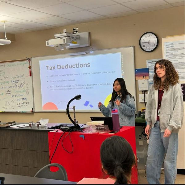 President junior Megan Wang teaches Invest in Girls club members about taxes alongside Outreach Chair junior Abigail Brams. This meeting took place on Jan. 8. 