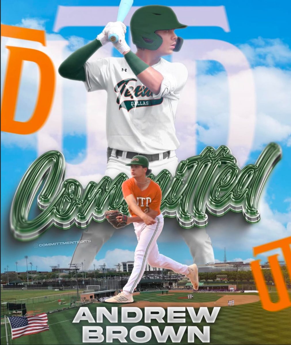 A commitment poster showing Andrew Brown is going to U.T. Dallas. He mainly plays the pitcher position.