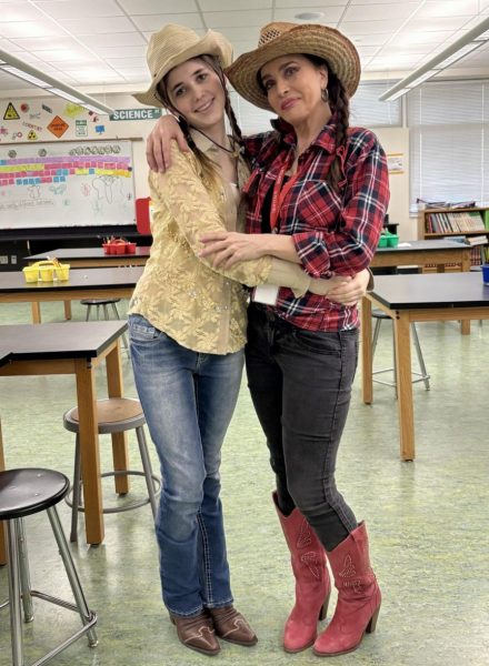 Sophomore Elizabeth Charbonneau and teacher Sonia Charbonneau dress up for spirit week. The pair always had matching outfits for spirit week.